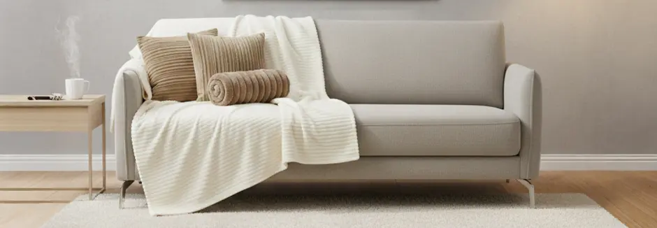 Lichte woonkamer met grijze bank, kussens en plaid, bijzettafel en vloerlamp